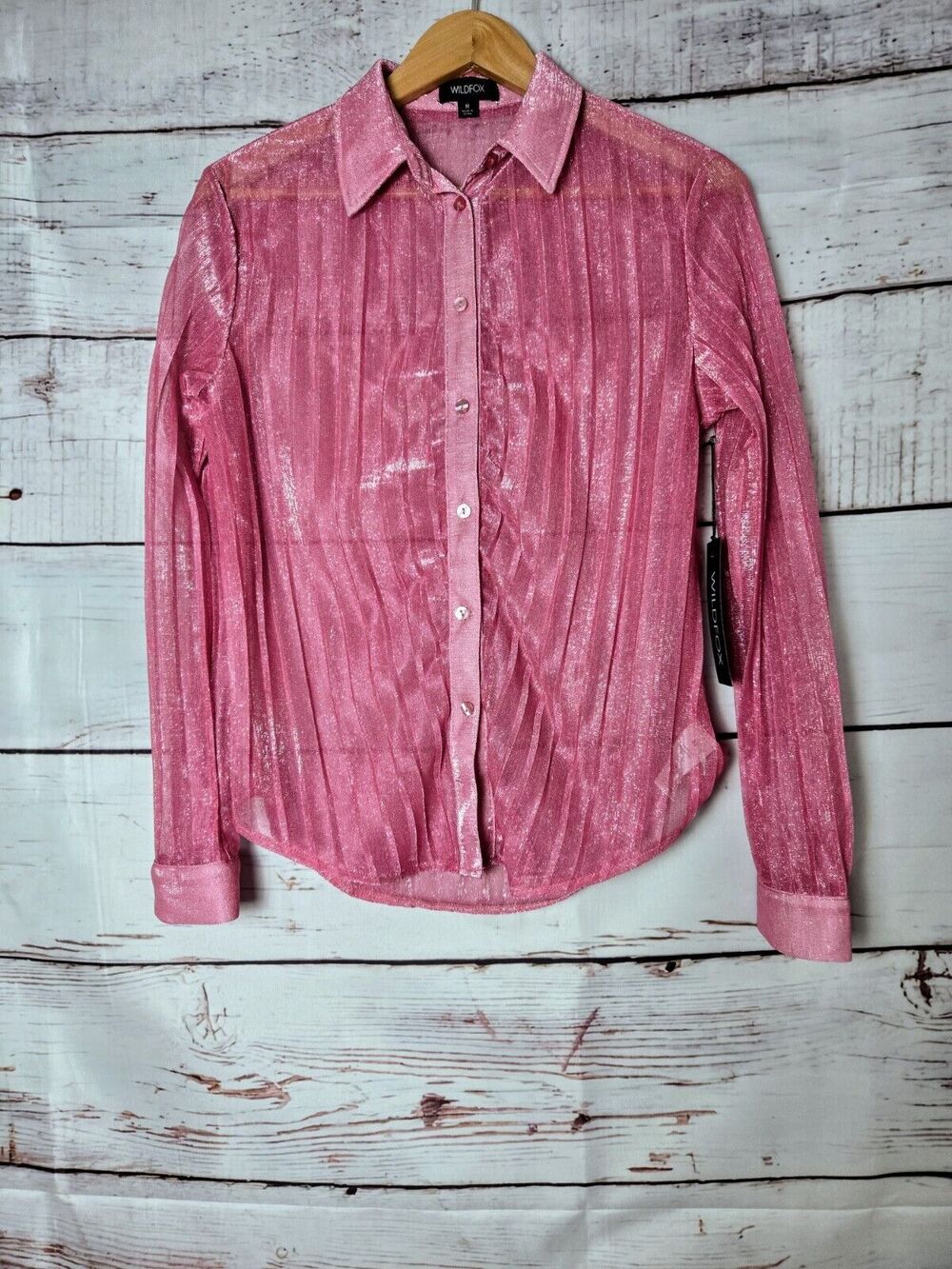 Wildfox Womens Grace Top Medium Pink Long Sleeve Button Down Shimmery Party